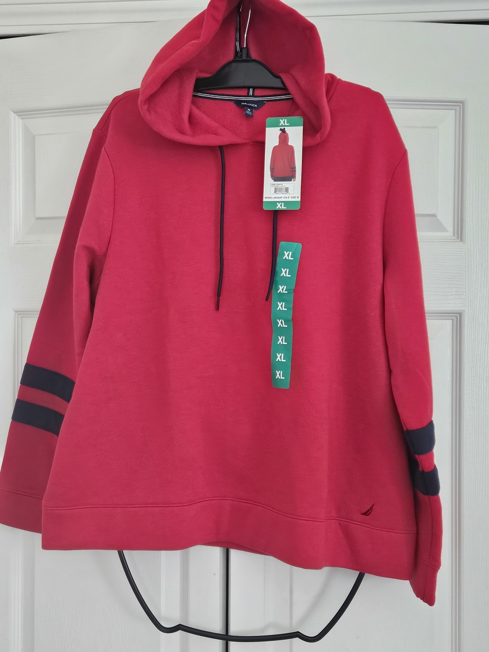 Nautica Red Hoodie with Navy Sleeve Stripes